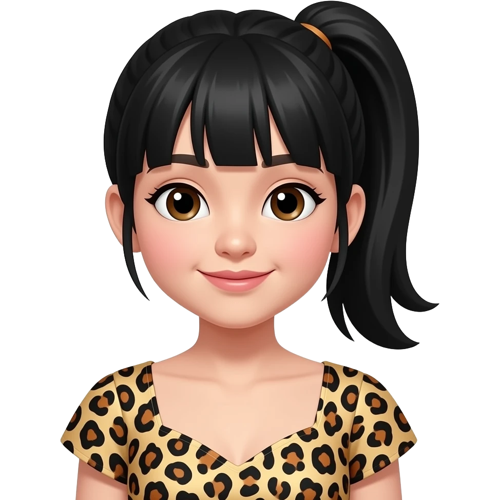 black ponytail hair asian girl with a leopard print dress emoji