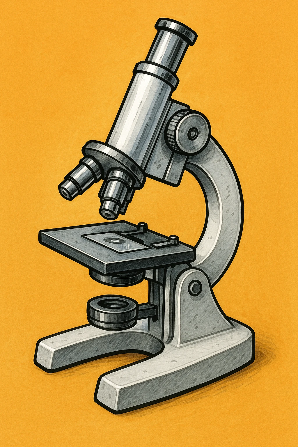 Сгенерируй мне микроскоп в рисованном, ярком стиле, на однородном фоне, он должен быть металлический, выглядеть серьезно, но при это ярко. Он пусть будет полностью бело-металлическим emoji