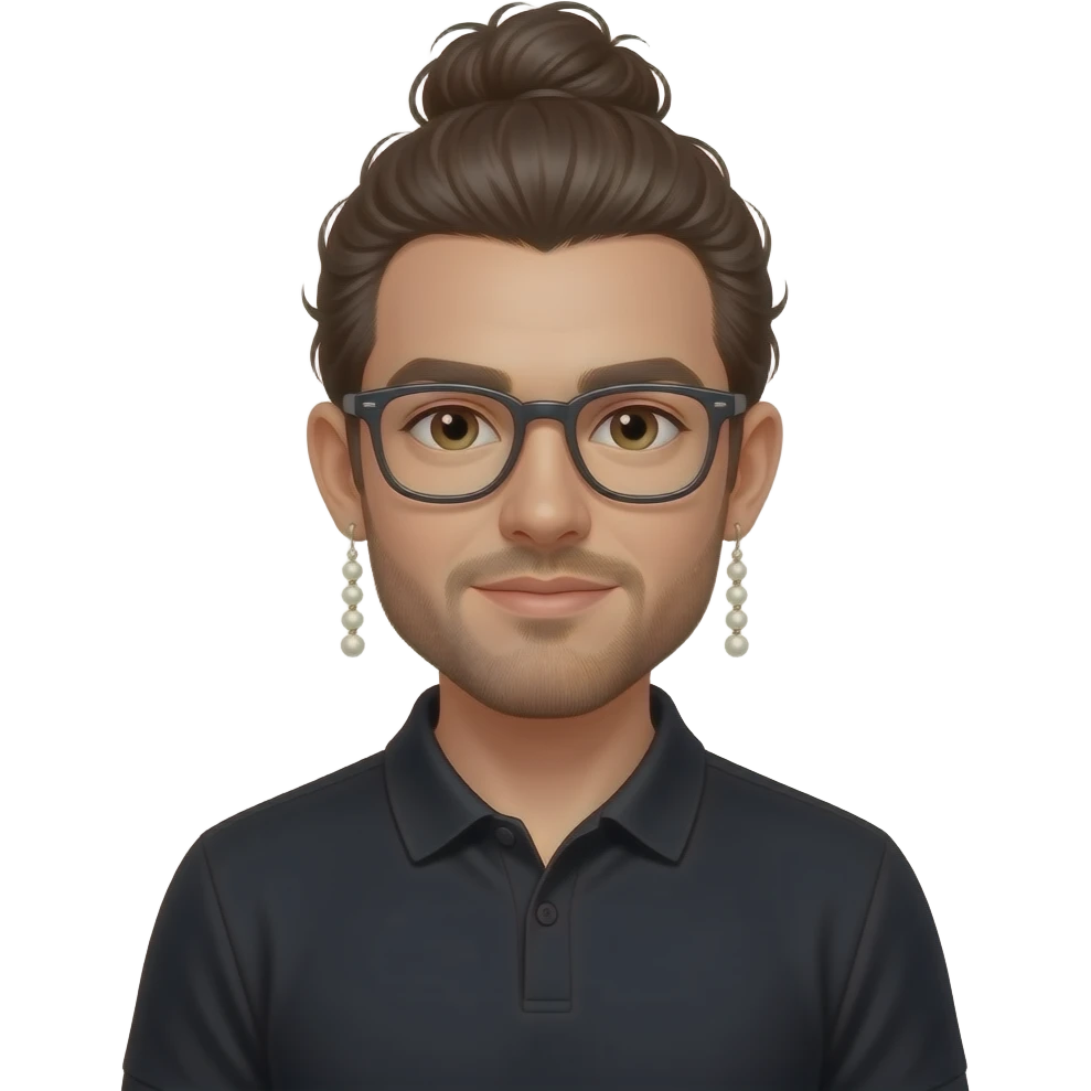 Men with a Messy bun and glasses, long earing with white pearl and black polo emoji