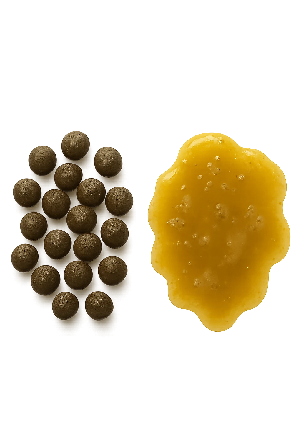 feci di animale a palline viste dall'alto e feci di animale liquide e gialline viste dall'alto, iperrealistico 4k emoji
