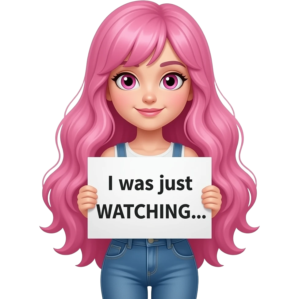sexy girl with long pink hair and pink eyes wearing a holding a I was just WATCHING... sign emoji