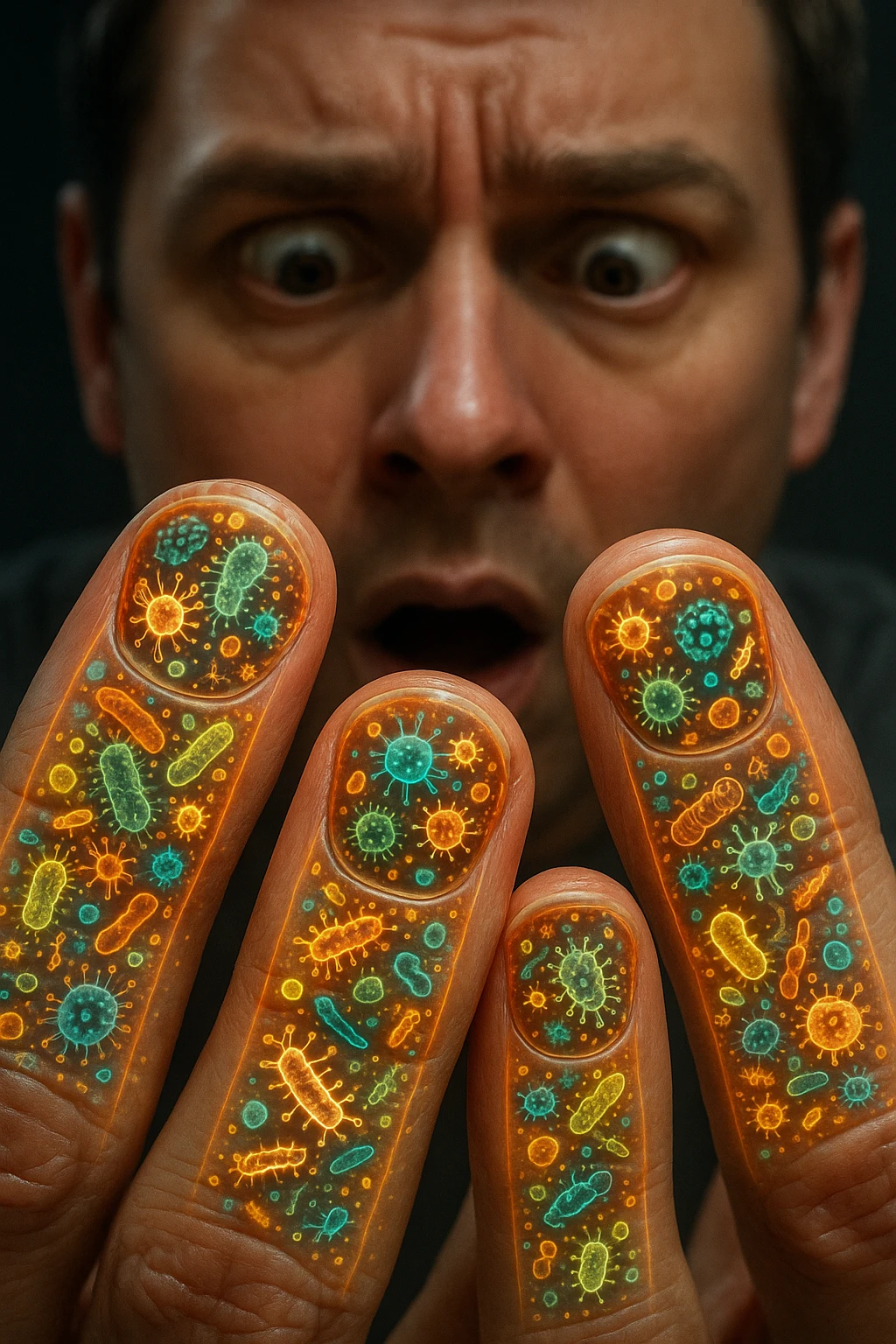 "Close-up macro shot of man's fingernails with transparent overlay showing dense colonies of bacteria, viruses, and parasites thriving in nail beds, millions of pathogens visible as glowing microscopic organisms, expression of shock as he examines his hands under magnification, nail debris containing more germs than toilet water, fingertips becoming mobile germ factories" emoji