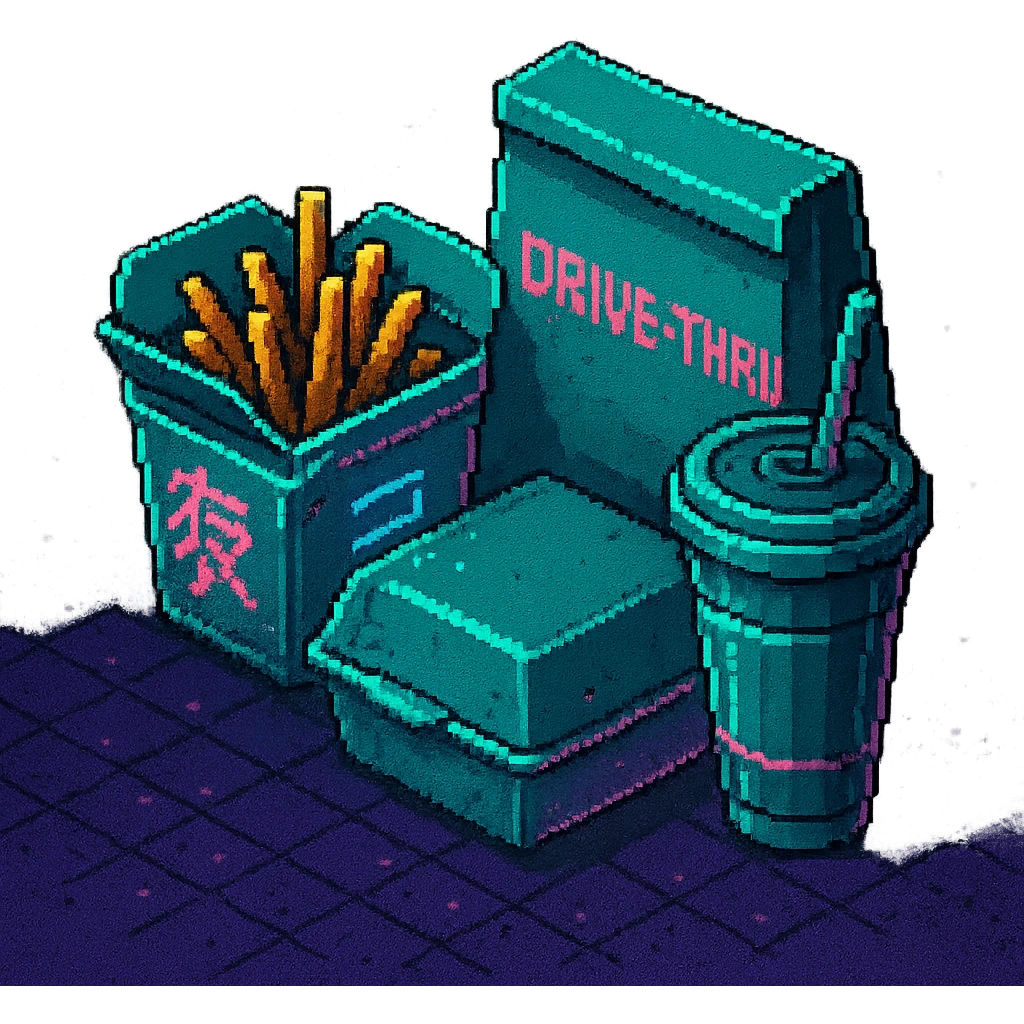 cyberpunk futuristic, 3d isometric, item image, video game item, inventory icon, the image depicts a small box of takeout, takeaway, chinese takeout food, delivery food. futuristic drive-through, fries, bag and drink. dystopian. pixelated retro video game graphics emoji