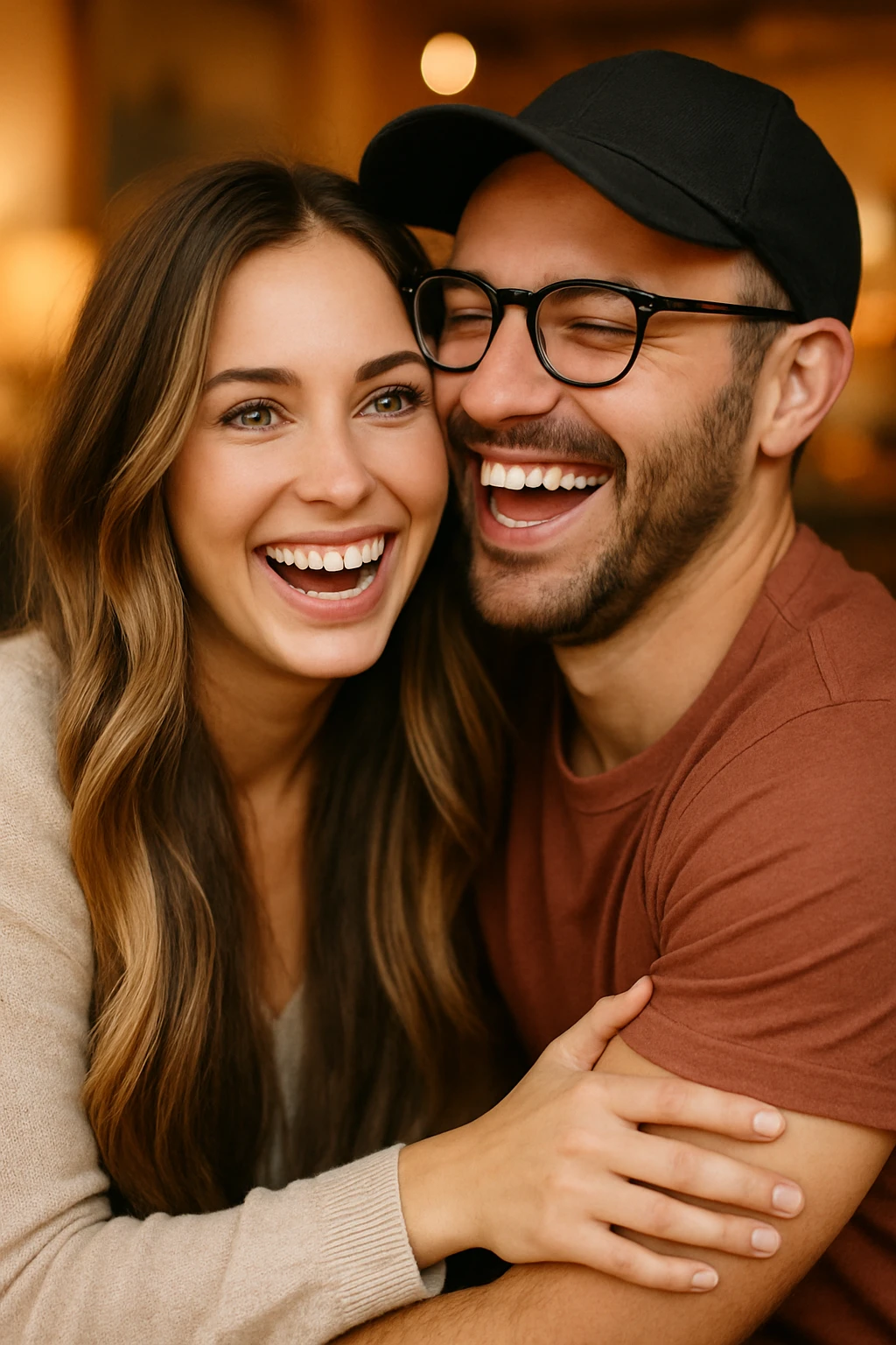 A couple laughing together: the woman has green eyes, very long brown-blonde balayage hair; the man has strong arms, brown eyes, a cap, glasses, very short dark chestnut hair, and light skin. emoji