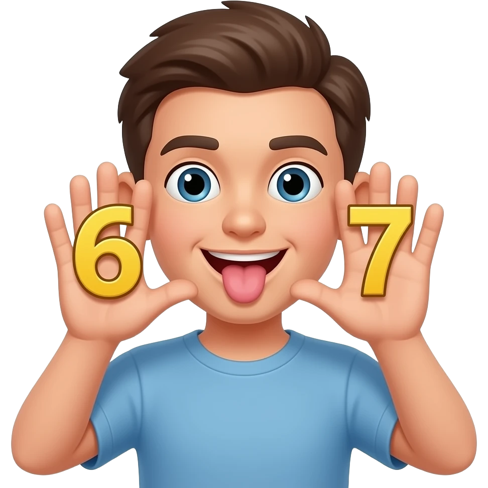 Make a emoji of the joke 6 7 make him holding the 6 7 in his palms don't show the palms make his tongue stick out emoji