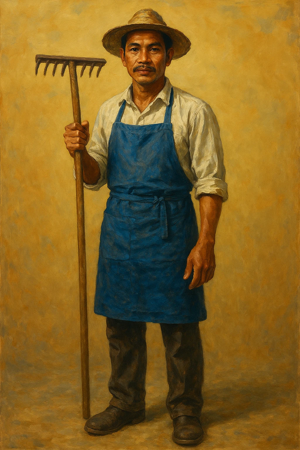 Сгенерируй мне в стиле реалистичной, яркой живописи фермера с граблями внешности индонезиата, азиата. На однородном фоне. в полный рост. Он одет опрятно и в фартуке emoji