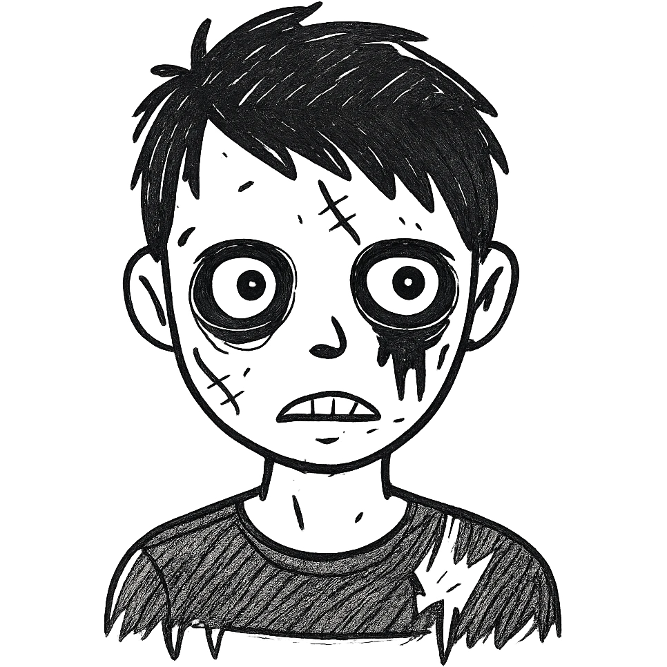 Add more zombie details such as greenish skin, visible stitches, and a scar. Keep the messy black emo hair and black shirt. No background. emoji