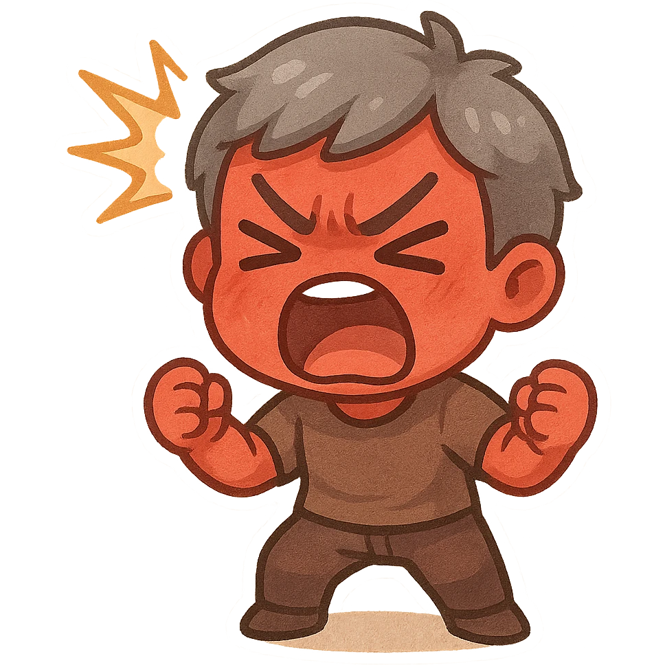 a furious man with red skin and gray hair, shouting, exaggerated anger, cartoon style emoji