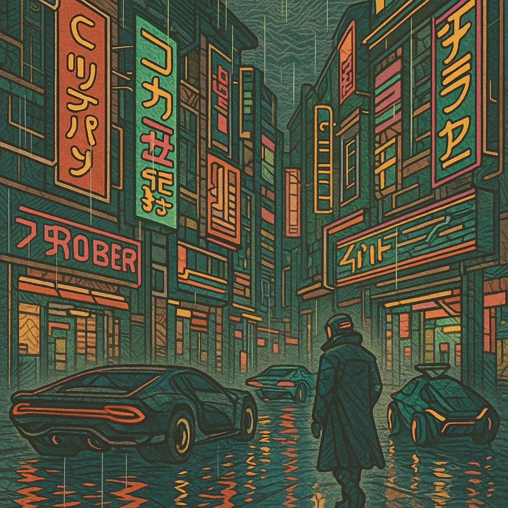 cyberpunk 2077 street scene, neon signs, futuristic vehicles, rain-soaked street emoji