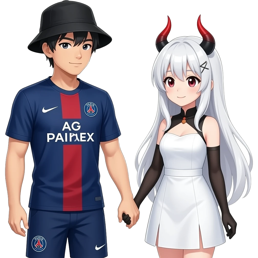 romantic date holding hands. The guy is asian an wears a black fishing hat and a dark blue soccer tricot from PSG. The girl is dressed as an anime girl with a white wig, white dress and black-red horns emoji