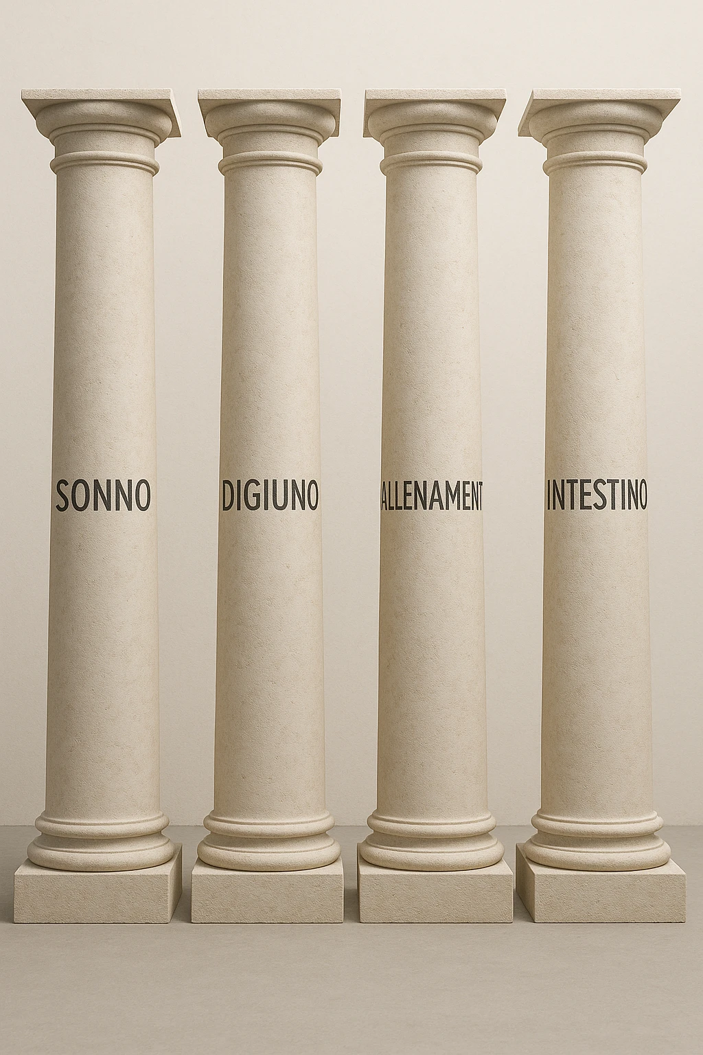 5 pilastri con le scritte "SONNO", "DIGIUNO", "ALLENAMENTO", "INTESTINO", IMMAGINE IPERREALISTICA SFONDO CHIARO IN ITALIANO emoji