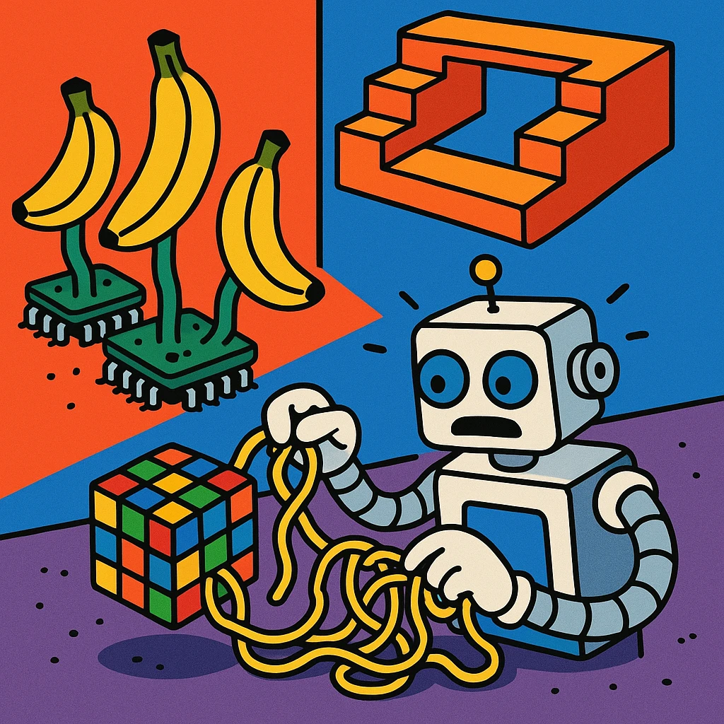 visual paradox: staircase that leads nowhere, bananas growing from computer chips, robot trying to solve Rubik's cube with spaghetti, vibrant humorous cartoon style, representing AI confusion emoji