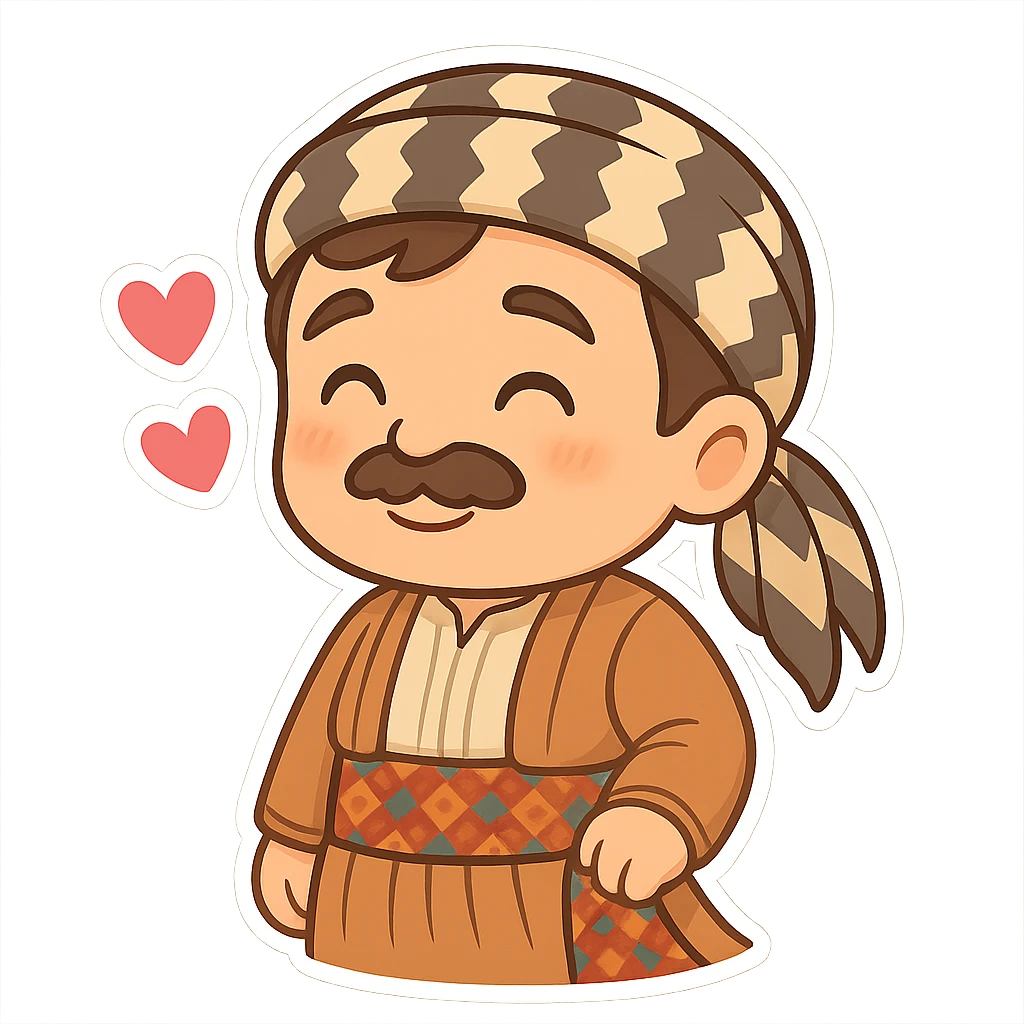 Create a chibi Kurdish cartoon sticker based on the reference image, showing a loving (heart/affection) expression, with a transparent background. emoji