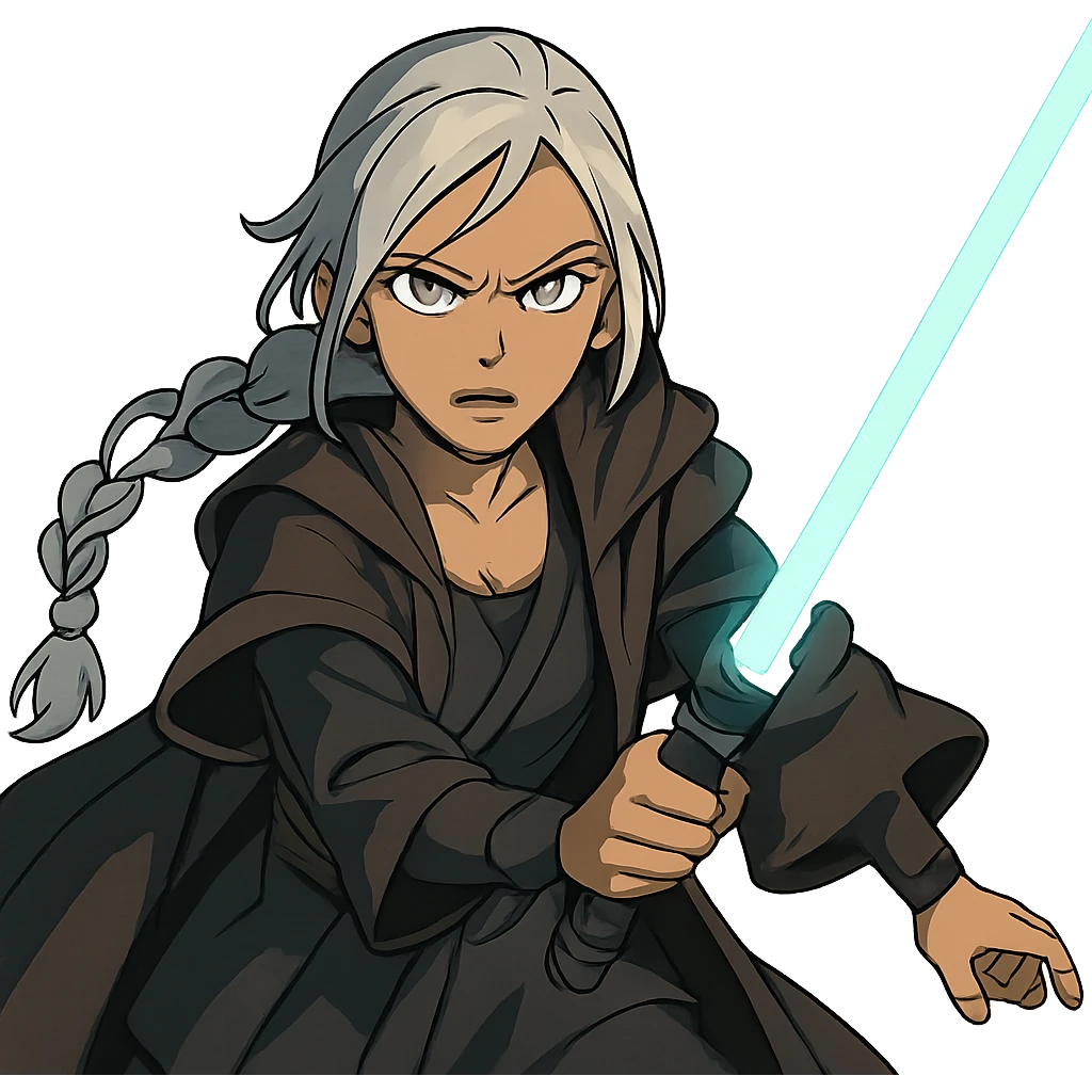  a closeup portrait of young woman with gold yellow eyes, white hair, long braid, black off-shoulder top, punk gothic style, futuristic cyberwave cyberpunk,  jedi attire and posture robes of a padawan, foreweilding a bright blue-green lightsaber, angry fierce face expression, power stance, wide angle shot emoji