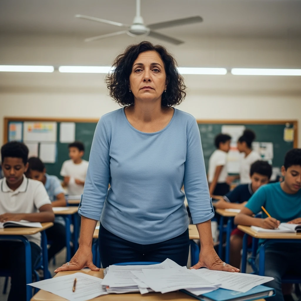 exhausted teacher in a bustling classroom emoji