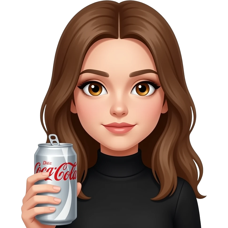 girl, light brown hair parted in the middle, amber eyes, dark eye makeup, wearing black turtle neck, drinking a DIET COKE in the silver can emoji