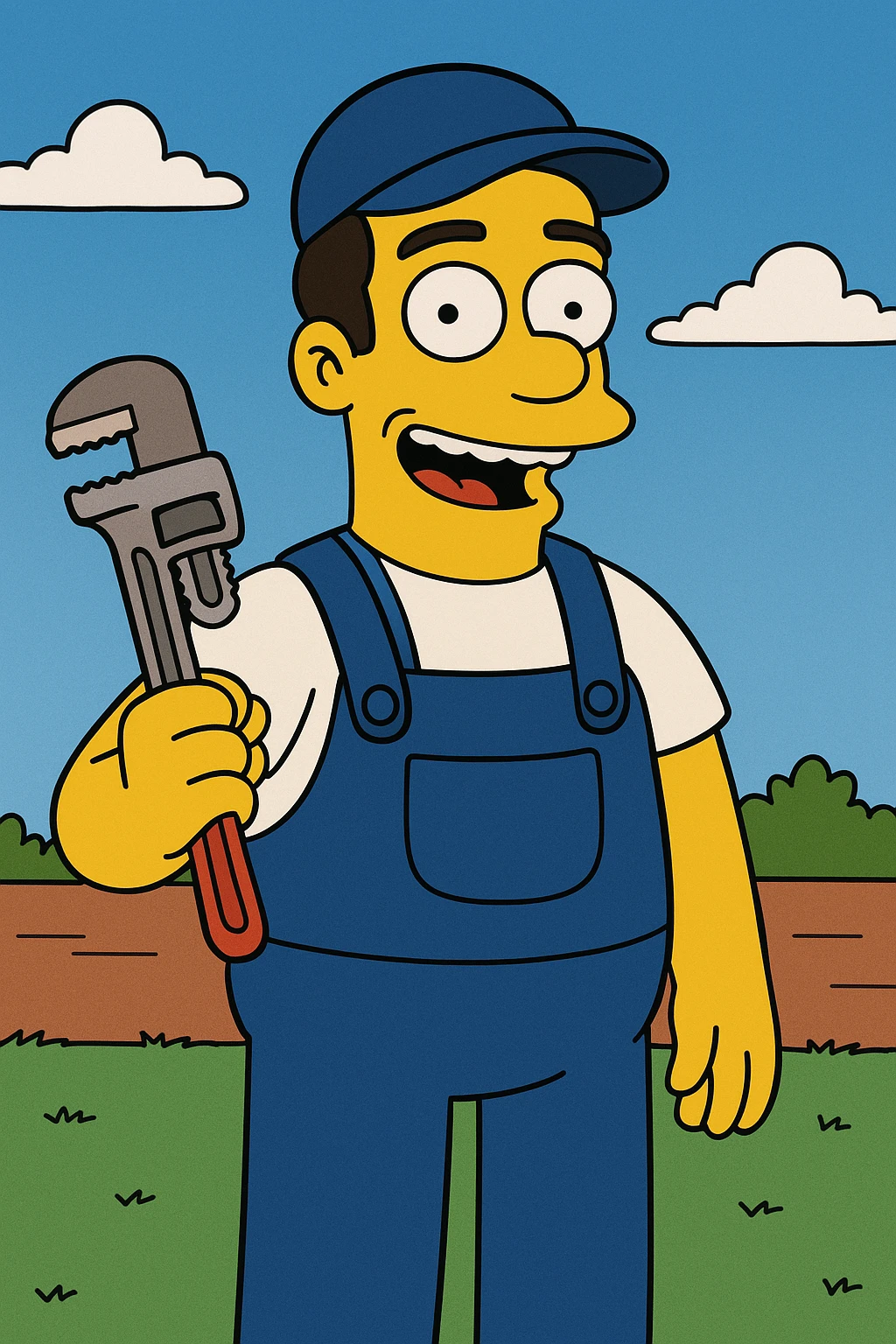plumber character in Simpsons cartoon style, yellow skin, blue overalls, holding a wrench, friendly expression, simple background emoji