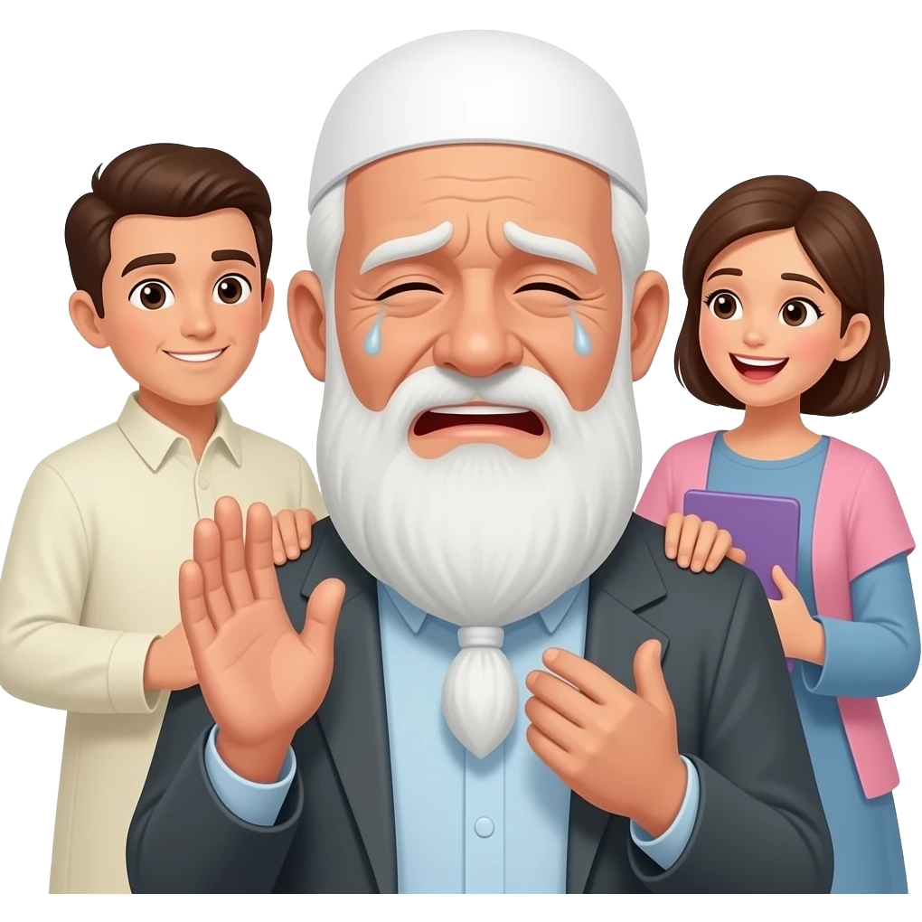 люди смеются над пожилым грустным  мужчиной мусульманиным дразнят его emoji