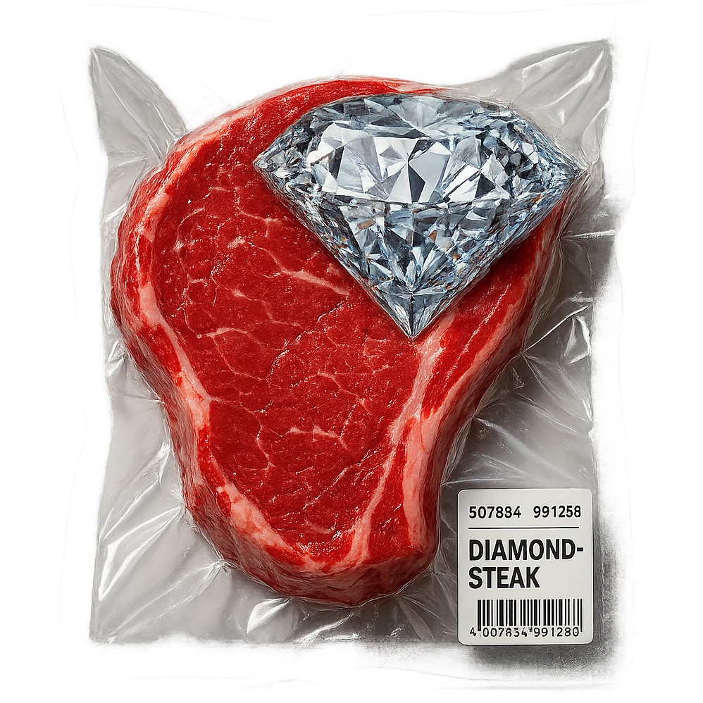 meat steak with sparkling diamond facets, glossy and puffy, no background emoji