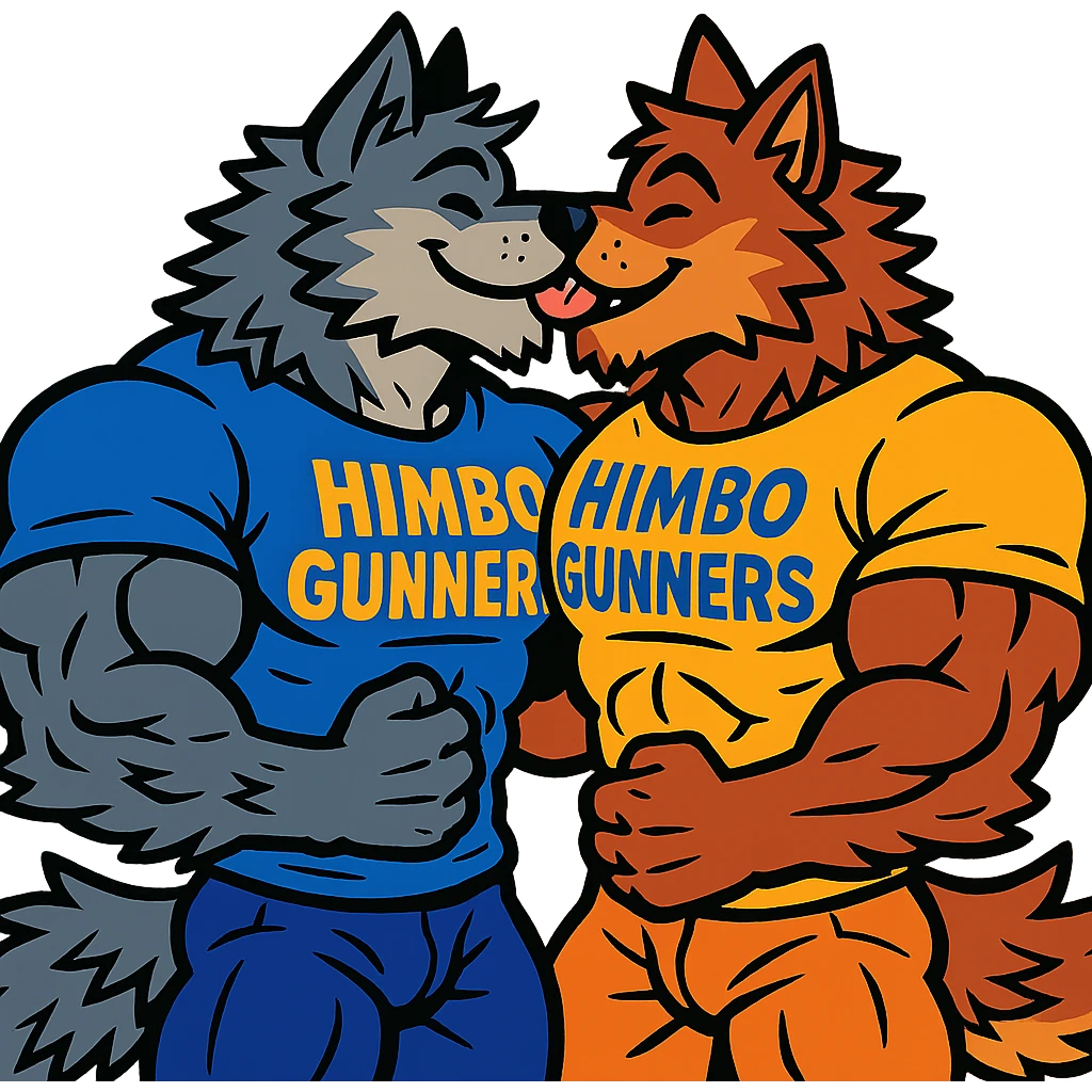 two extremely muscular wolf furries with exaggerated and highly detailed muscles, both wearing t-shirts that say 'Himbo gunners', kissing, friendly and joyful expressions, very detailed fur and anatomy, ultra high quality emoji