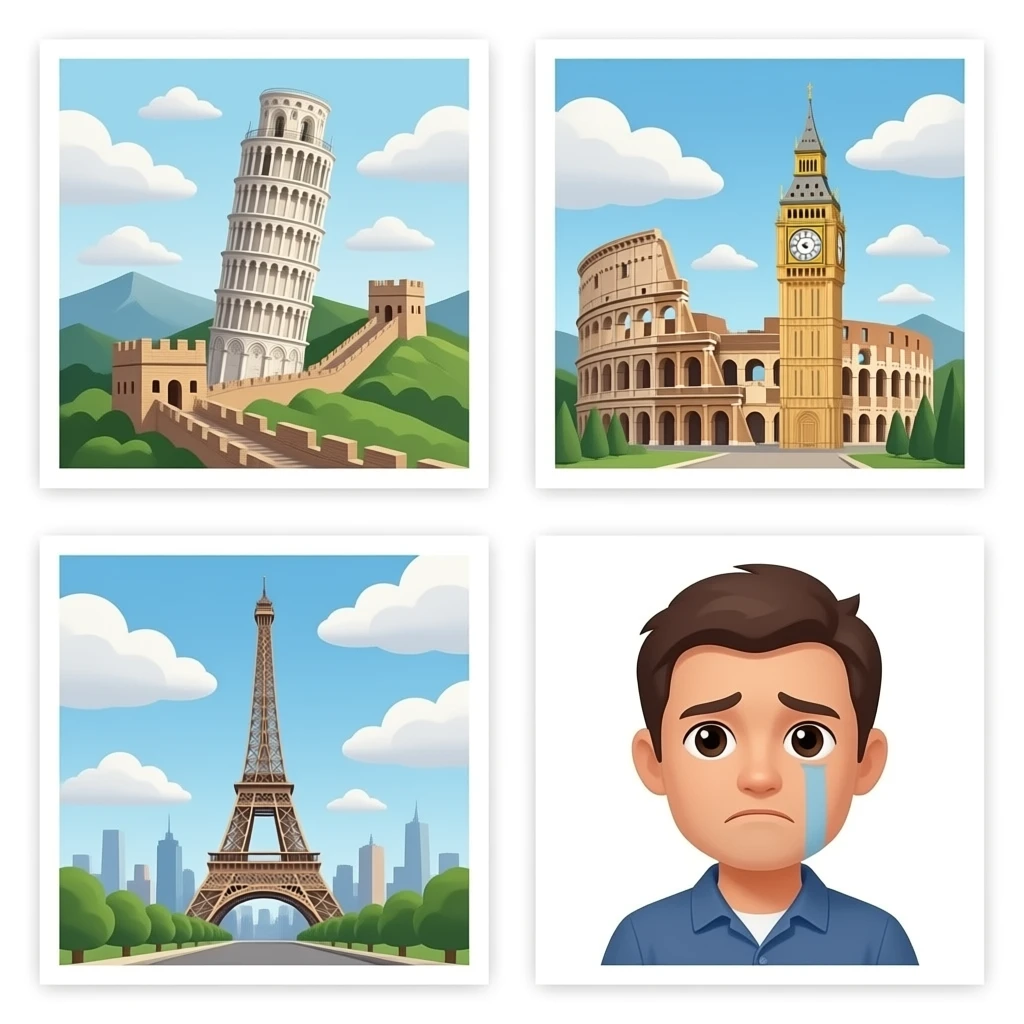 Great Wall of china, leaning tower of Pisa, Big Ben, Sad, colosseum, and Eiffel Tower emoji