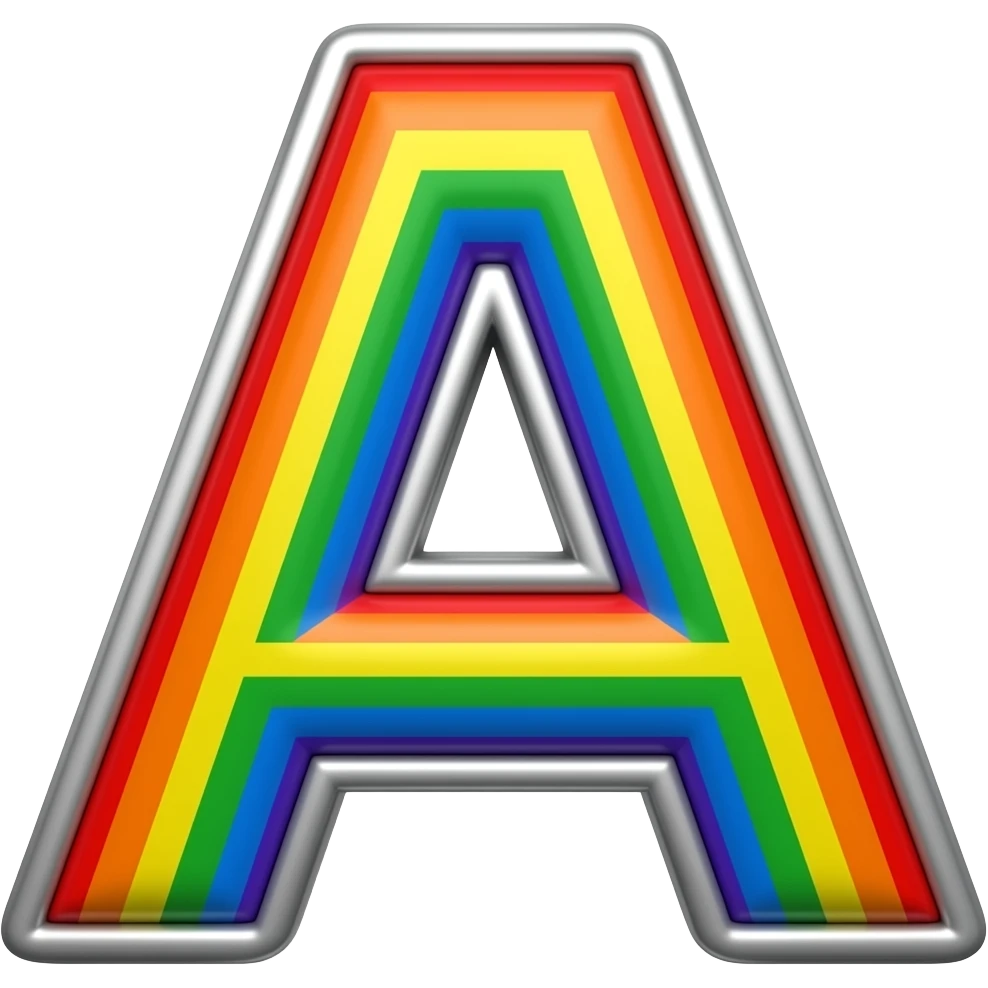 name "A in silver typography lettering, each color of the rainbow as a border outlined around each letter, isolated, 3d rendering, no emoji icons no emoji faces and must have no human figures emoji