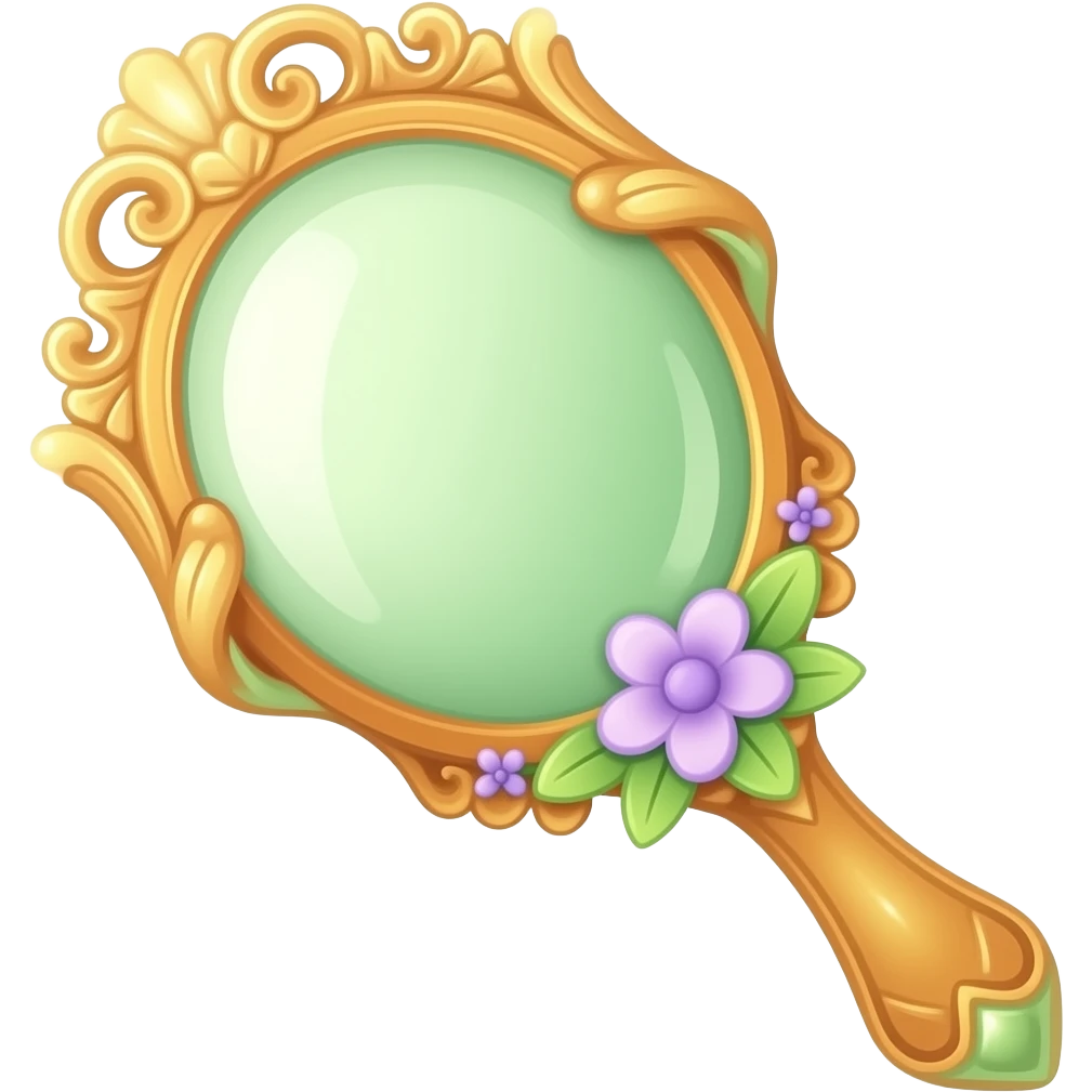A delicate fairy hand mirror in soft green and warm orange tones, with an ornate frame, floral details, a magical glow, and tiny lilac accents. emoji