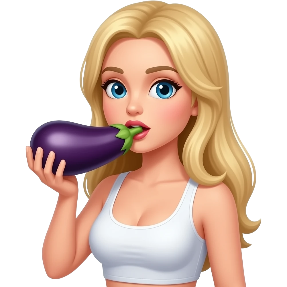 Blonde girl with boobs sucking eggplant emoji
