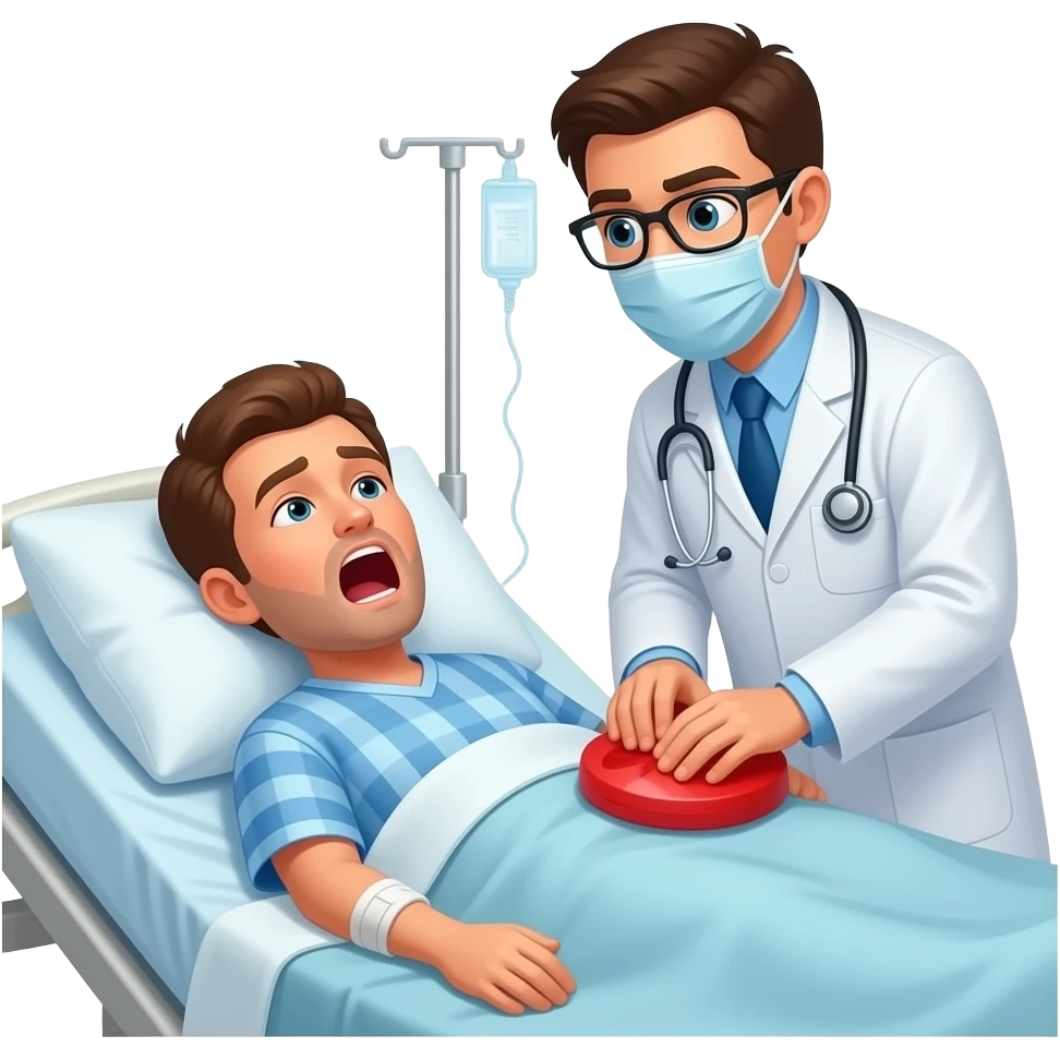 person laying in hospital bed. a doctor is trying to perform CPR. the person laying in the bed is saying "NO! STOP!" emoji