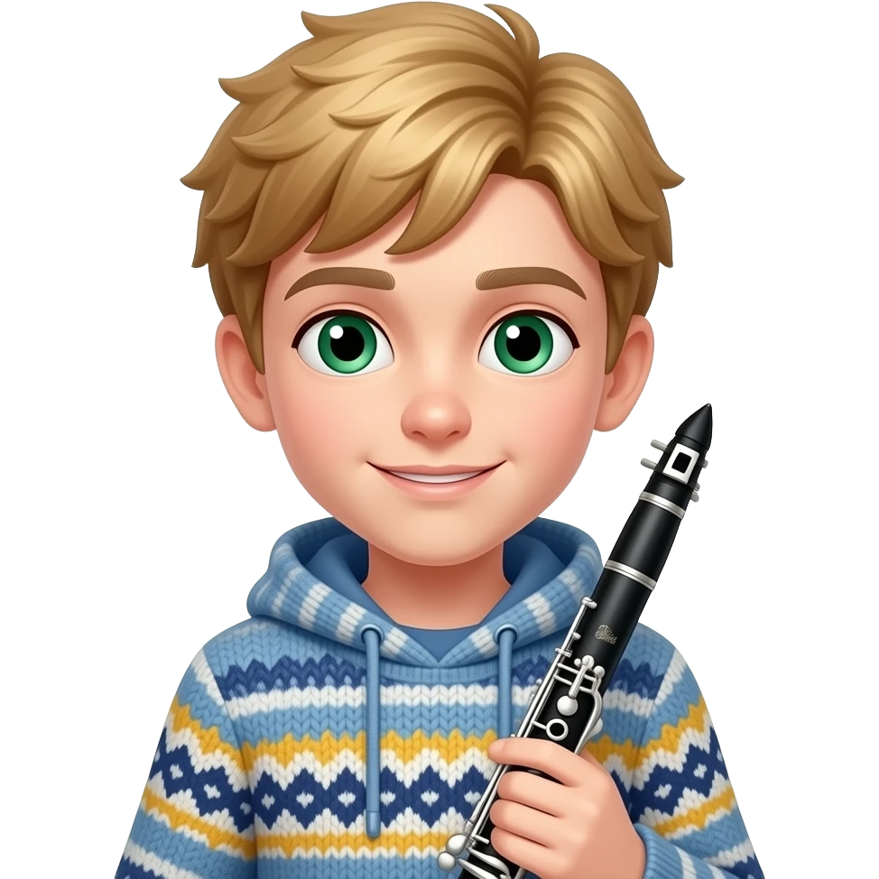 Boy blond green eyes sweter con capuchawith Clarinet emoji
