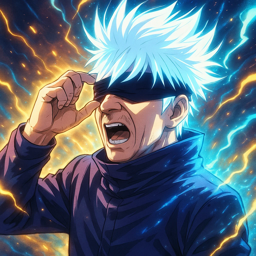 Moment of Recep Tayyip Erdoğan's transformation into Gojo Satoru, bright effects, anime style, eye band and white hair highlighted emoji