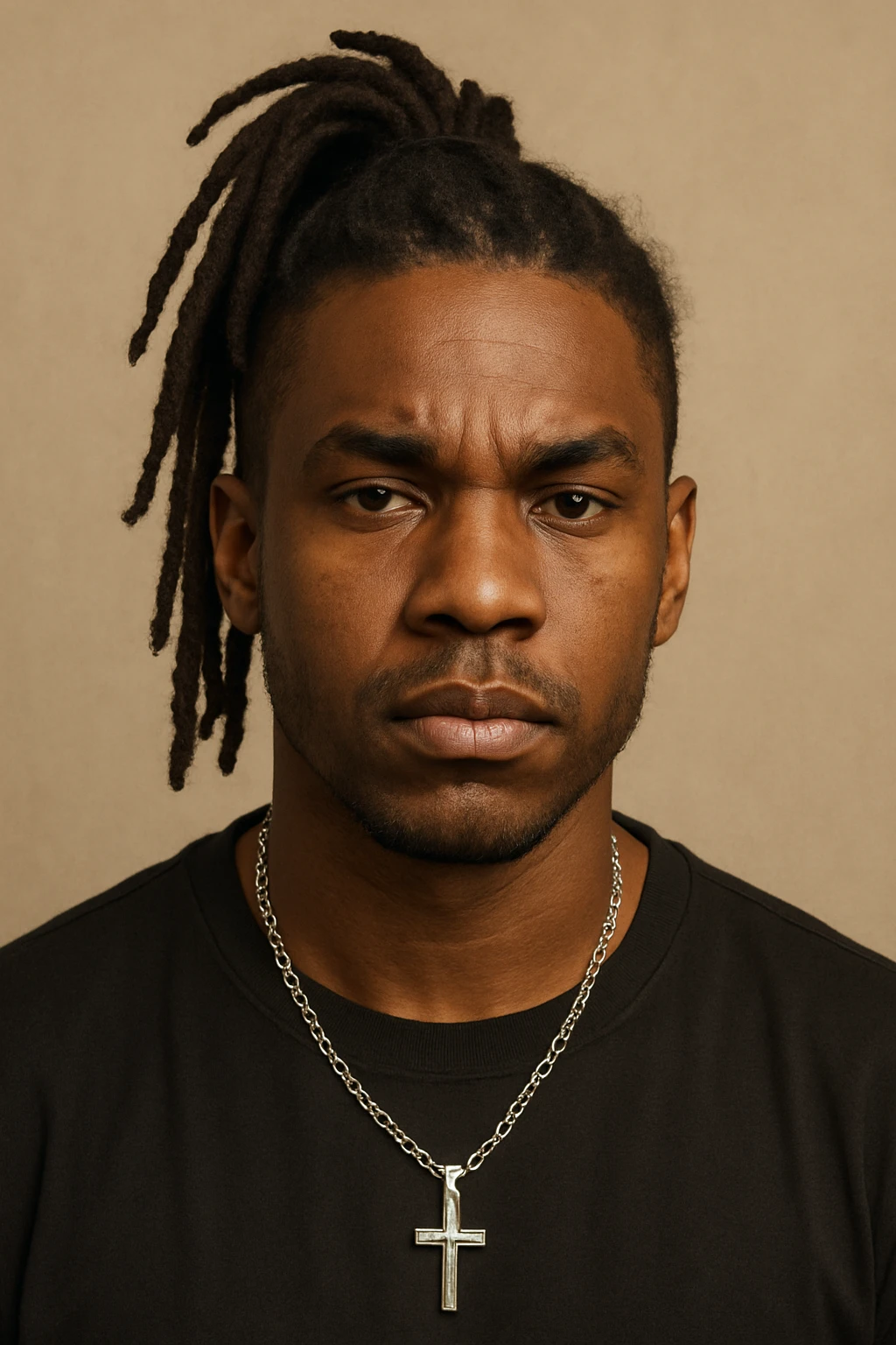 portrait of a brown-skinned person with a cross chain necklace and dreadlocks tied in a ponytail on top, detailed facial features, neutral background emoji