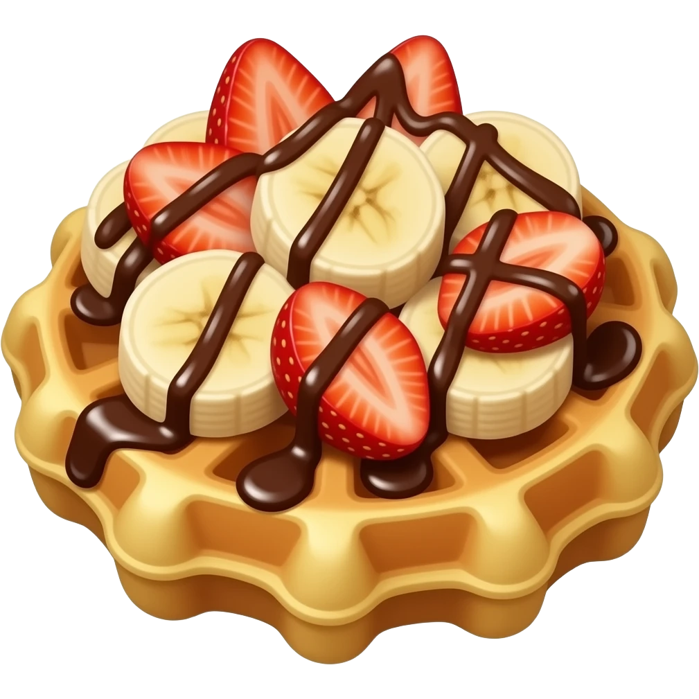 Banana and strawberry slices and chocolate syrup everywhere waffle emoji