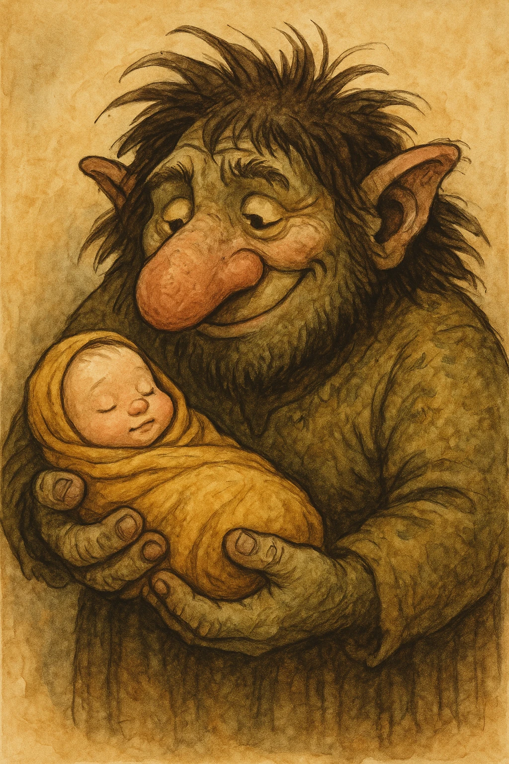 a troll gently cradling a human baby, fantasy illustration, unique and expressive style, whimsical and cartoon style, big nose, wild hair, friendly expression, swaddled baby emoji