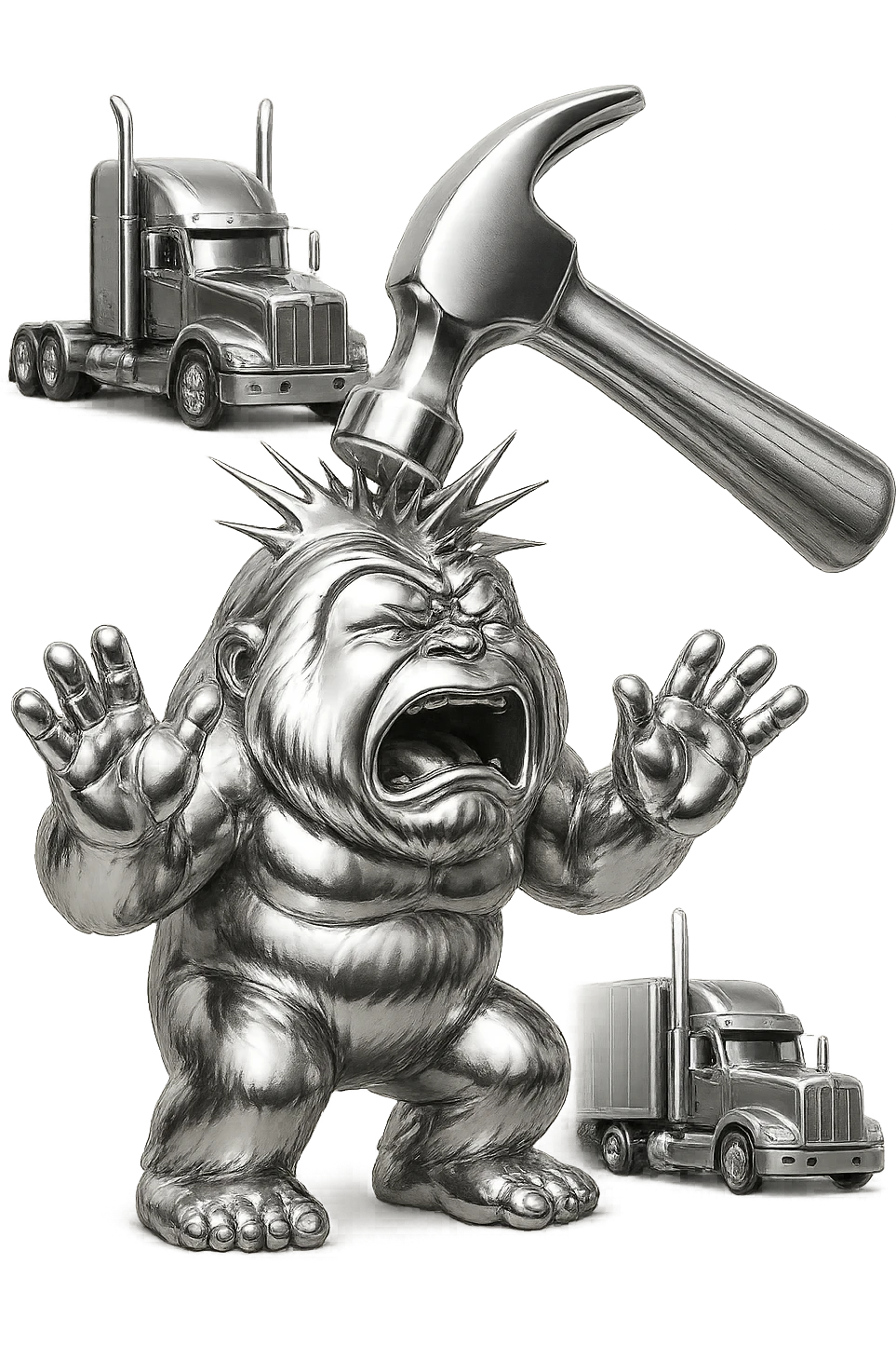 Add a comic-style impact effect where the hammer hits the abominable snowman, remove any blue color from the abominable snowman. Keep the side view, flattop semi with chrome stacks far behind, light and realistic style, no text. emoji