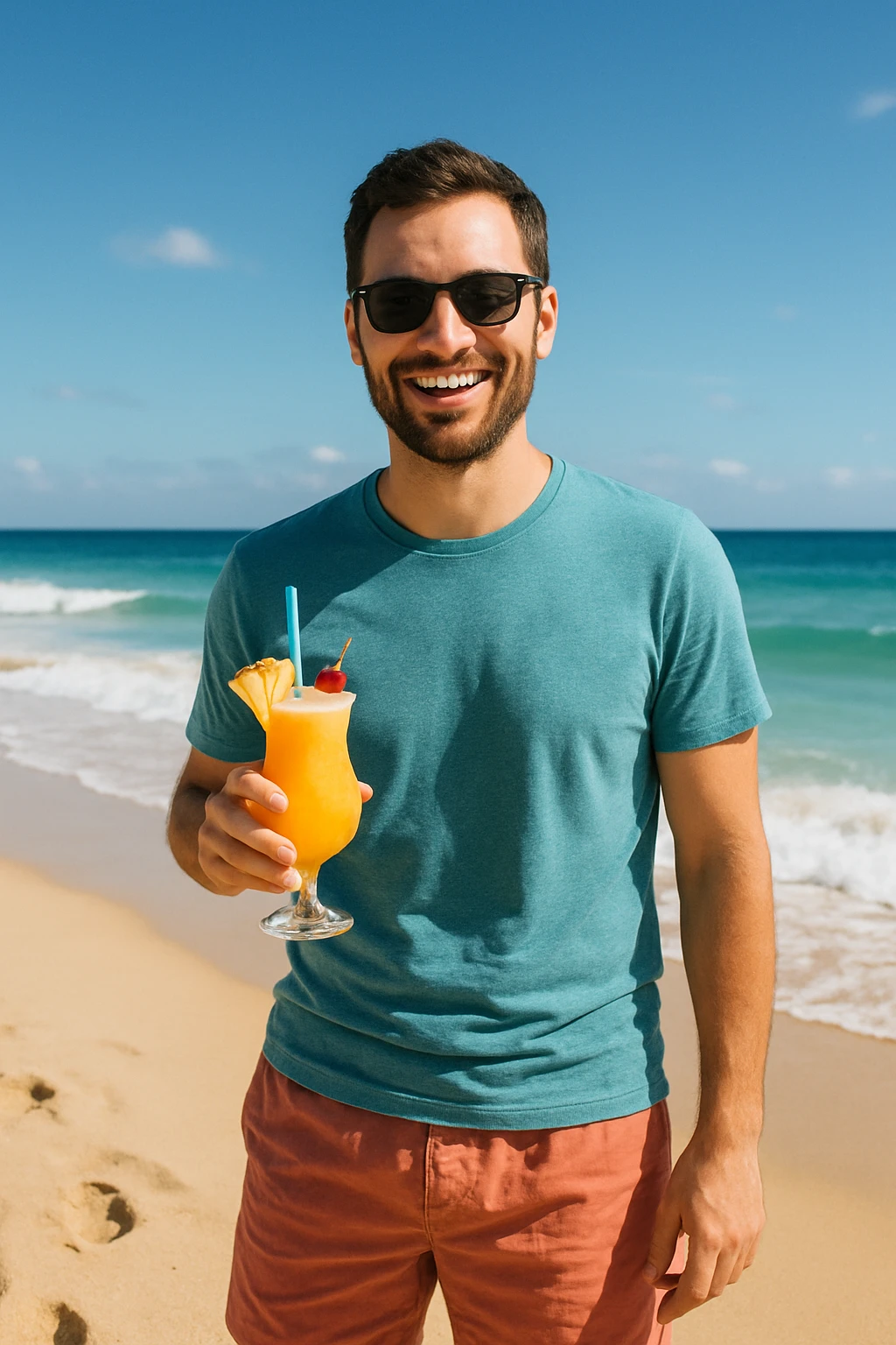 take this picture of a man and make it  beach photo with drink emoji