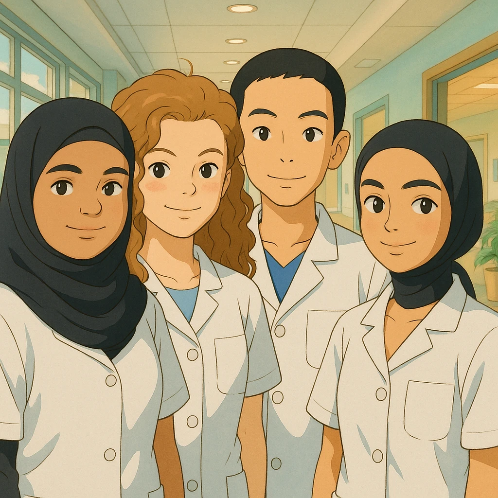 Illustrate four nursing students together in a Ghibli style, wearing short-sleeved white lab coats without undershirts or stethoscopes, set against a bright and welcoming hospital background. emoji