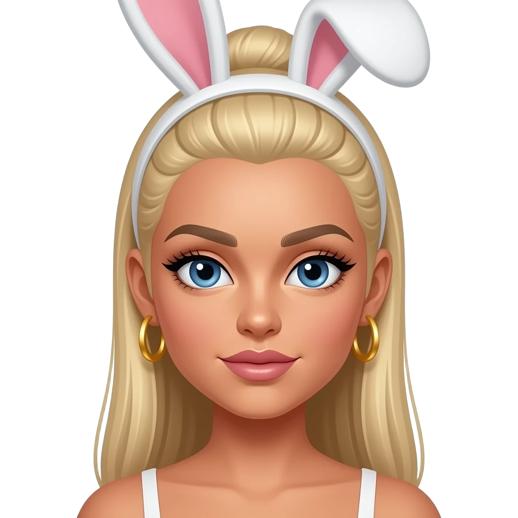 make me a latina girl with blonde hair and blue eyes and long hair out and straightened with eyelash extensions and thin brows and dyed brows, make her have fake tan and slick back bun with bunny ears on top and makre sure she has gold earrings emoji