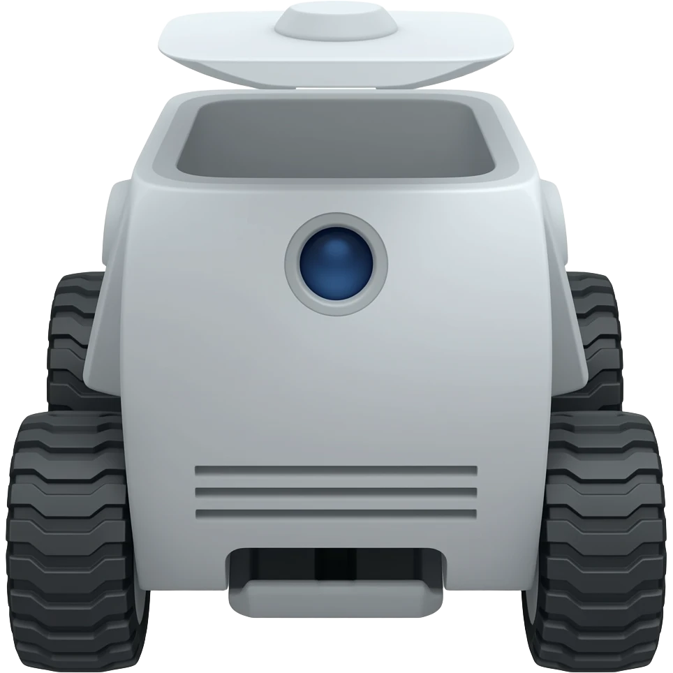 Gray rectangle with 4 wheels and a circle led shows robot eyes and a opening lid emoji