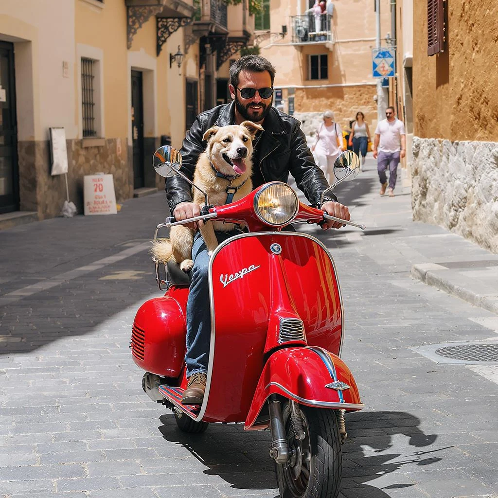 man and his pet dog riding a vespa emoji