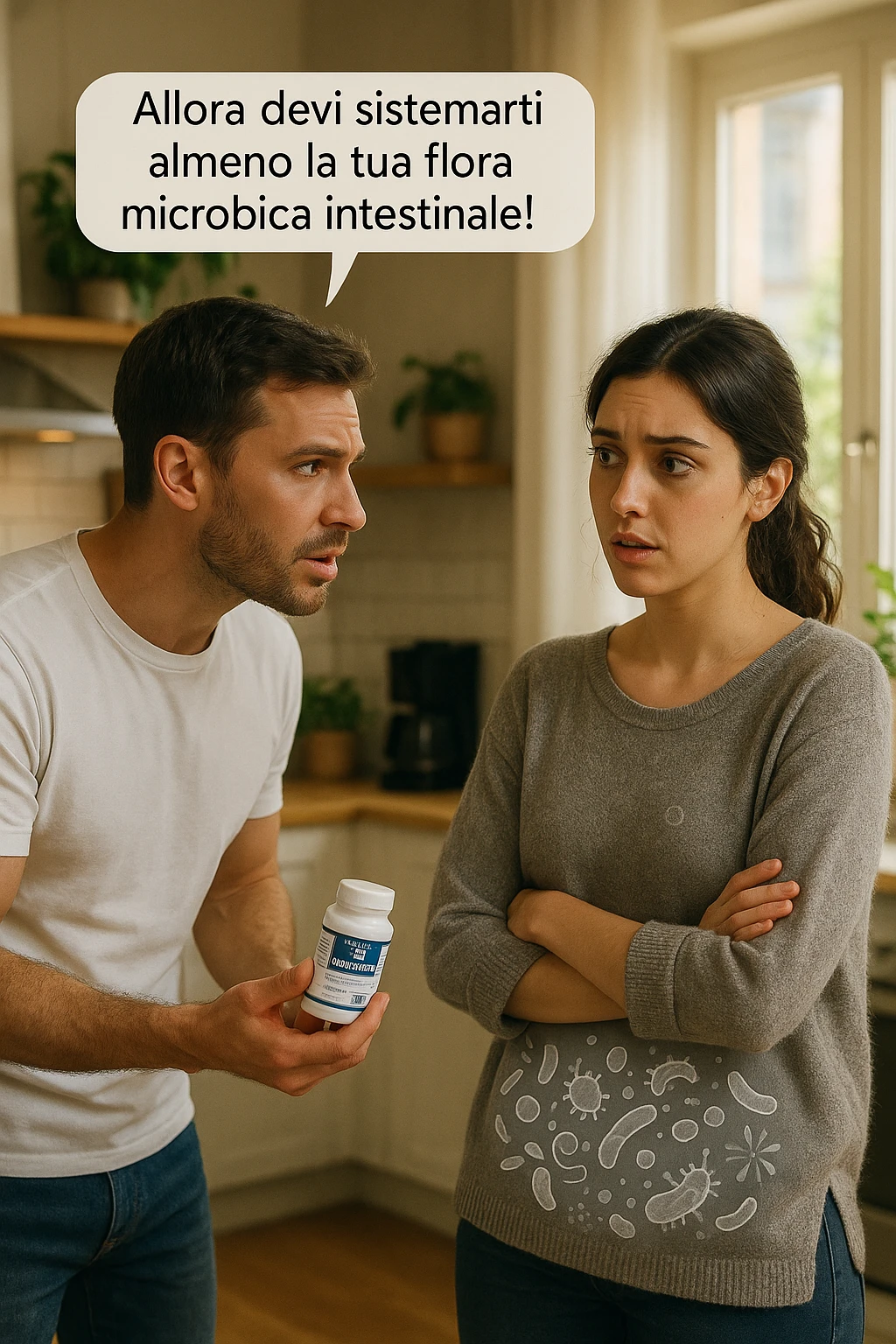 A hyper-realistic, cinematic photo of a young couple in their early 30s having a tense but calmer discussion in a bright modern kitchen. The man, fit, wearing a plain white T-shirt, holds a small probiotic supplement bottle in one hand, leaning slightly forward with a concerned yet firm expression, saying: 'Allora devi sistemarti almeno la tua flora microbica intestinale!' The woman, with dark hair in a loose ponytail, wearing a comfortable home sweater, stands with arms partially crossed, looking at him with a doubtful and confused expression, eyebrows slightly raised, lips parted as if about to respond but uncertain. Around them, faint translucent overlays of microscopic gut flora and bacteria symbols swirl softly near the woman’s abdomen, symbolizing the issue of her imbalanced gut microbiome. The kitchen is bathed in warm natural light, with green plants adding a sense of health and life, while the couple remains in sharp focus. The color palette is warm, with soft shadows and shallow depth of field highlighting the emotional tension yet care in the conversation, visually representing the discussion about gut health within the relationship emoji