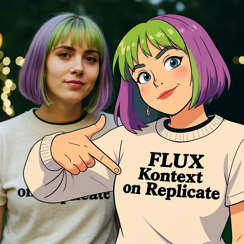 make a image of a girl with a anime version of that girl beside her wearing tshirt with text of "FLUX Kontext", avoid replicate emoji