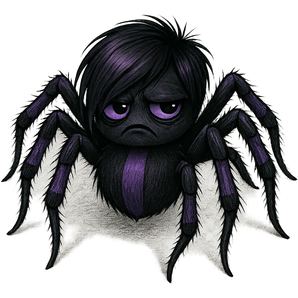 emo-style spider, black and purple, moody emoji