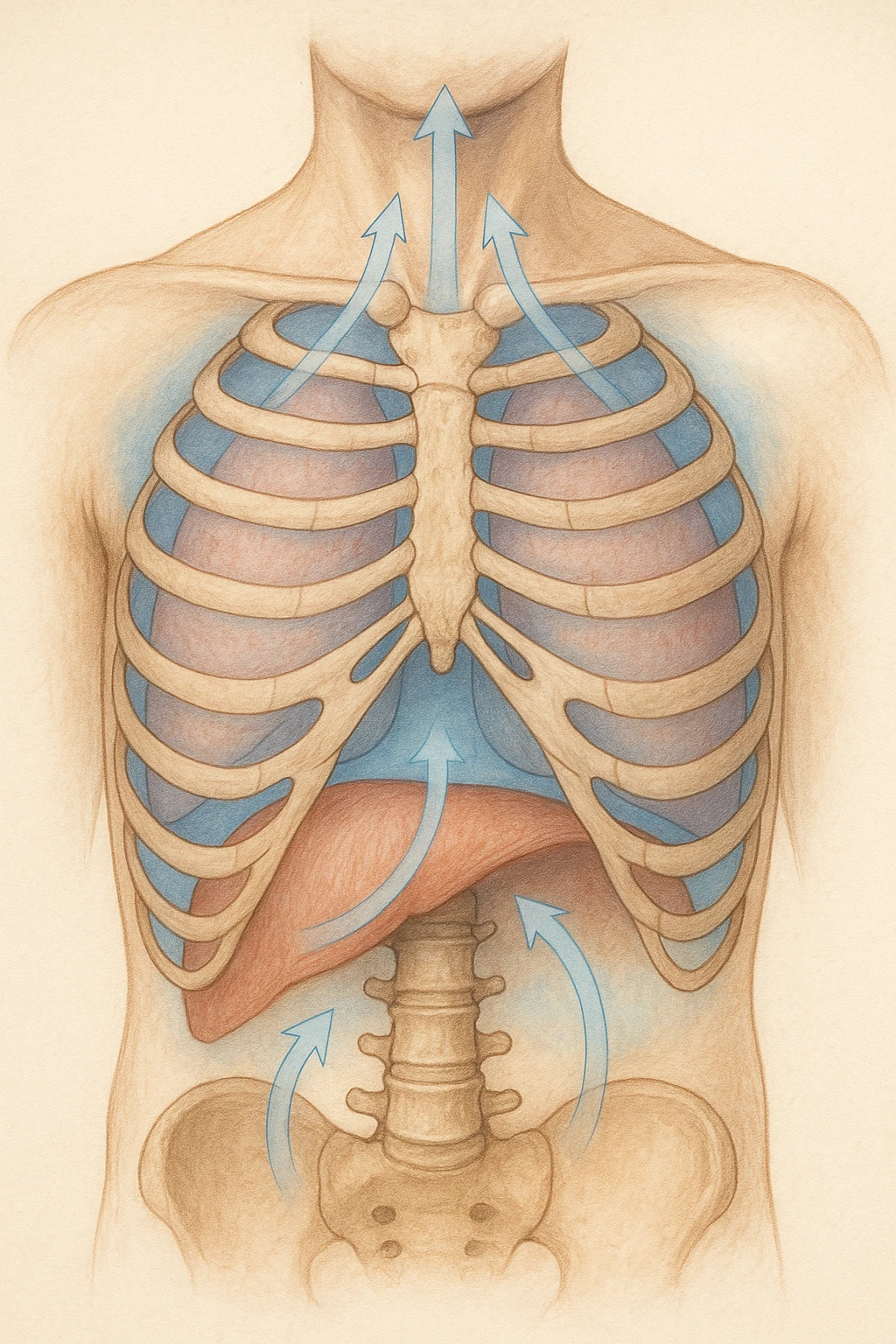 A realistic, high-quality anatomical illustration showing a human torso with visible rib cage and diaphragm. The ribs are shown in a decompressed, expanded state, allowing full lung expansion, while the diaphragm is depicted as relaxed and lowered, indicating deep, efficient breathing. Soft blue and warm tones highlight airflow and lung capacity, with light arrows illustrating the air movement during diaphragmatic breathing. The image conveys a sense of calm, openness, and optimal breathing mechanics, useful for physiotherapy, breathing education, and osteopathic learning contexts realistica emoji