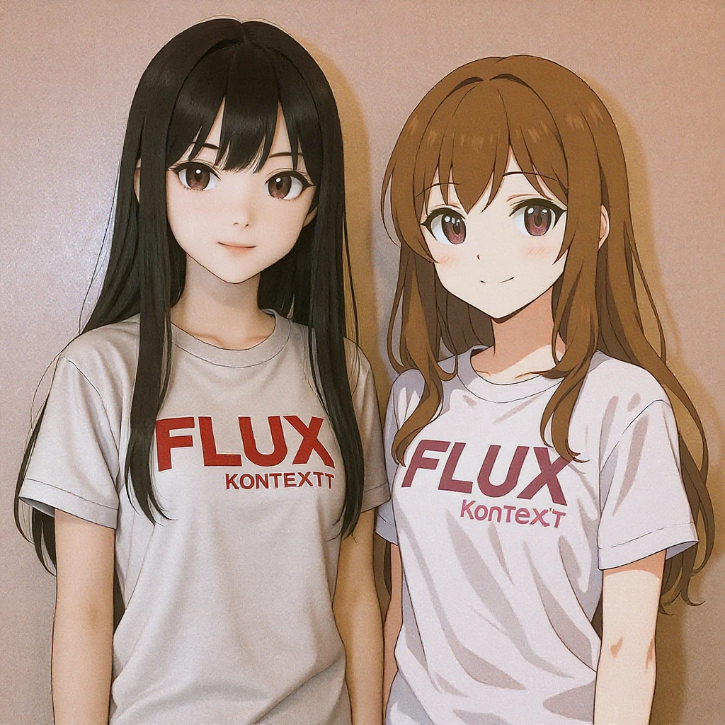 make a image of a girl with a anime version of that girl beside her wearing tshirt with text of FLUX Kontext emoji