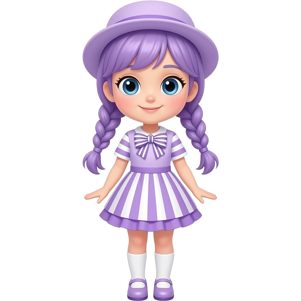 A girl with pale purple hair tied in two braids, and blue eyes and wearing a pale purple dress with pale purple and white striped short sleeves, a pale purple and white striped skirt with a pale purple frill, a pale purple and white striped bow, a pale purple hat, white socks and pale purple shoes. emoji