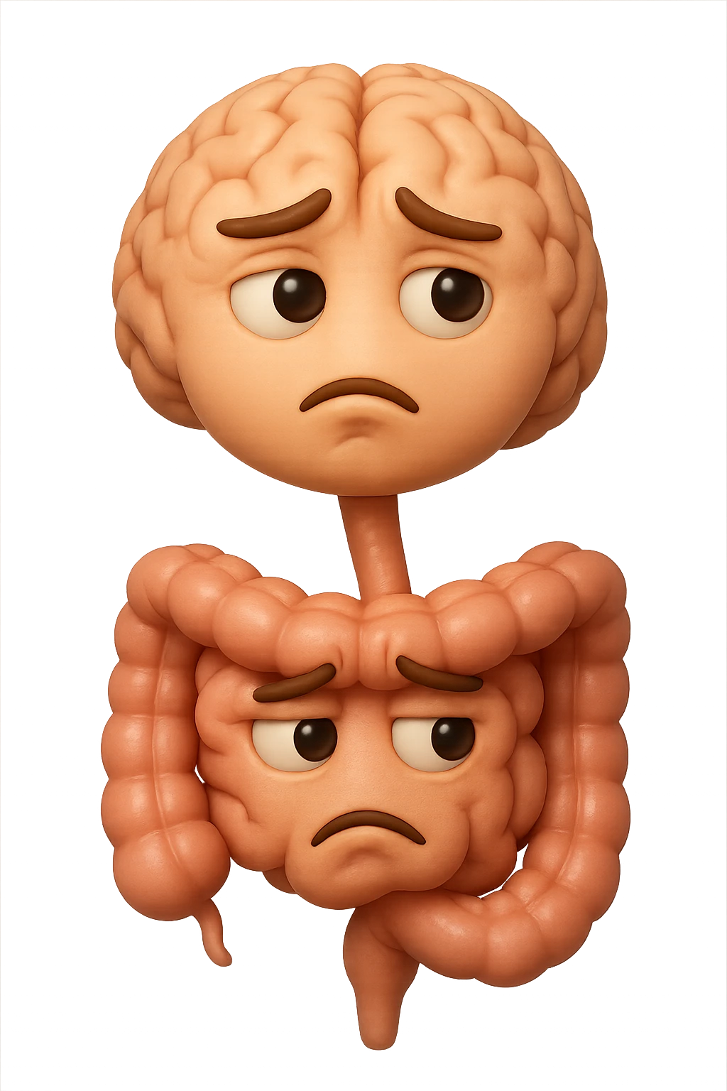 EMOJI STILE IPHONE 3D DI cervello e intestino umani collegati verticalmente con espressione dubbiosa in volto E FALLO MOLTO REALISTICO IN 3D emoji