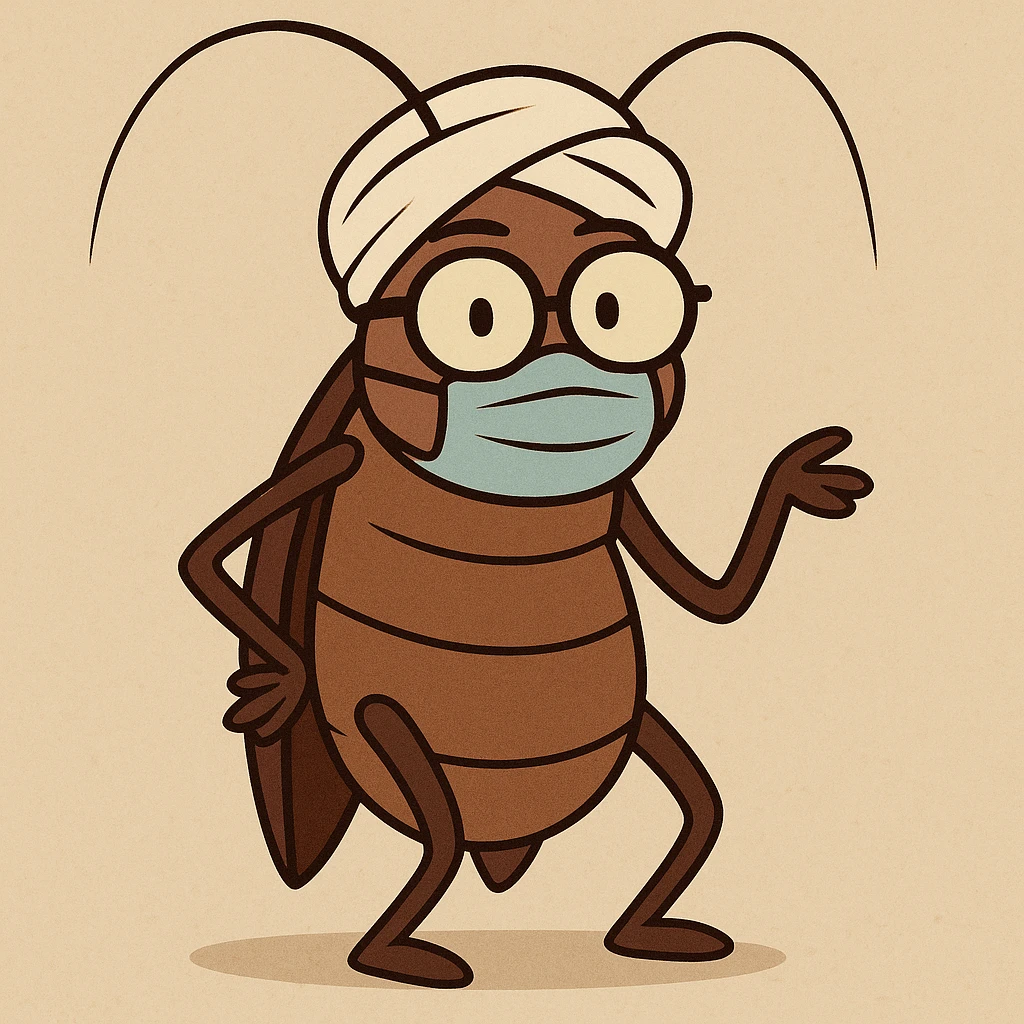 cartoon cockroach with a white turban, facemask, and nerd glasses, playful style emoji