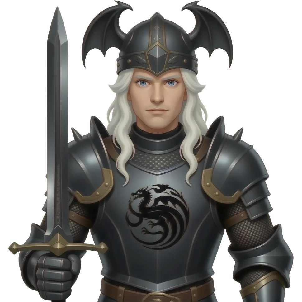 Згенеруй рицяаря з білим, довгим волоссям, в чорних обладунках, шолом прикрашений крилами дракона , на грудях герб таргаріенів однотонним чорним візерунком, він стоїть в повний зріст з чорним мечем, видно його обличчя, під кутом emoji