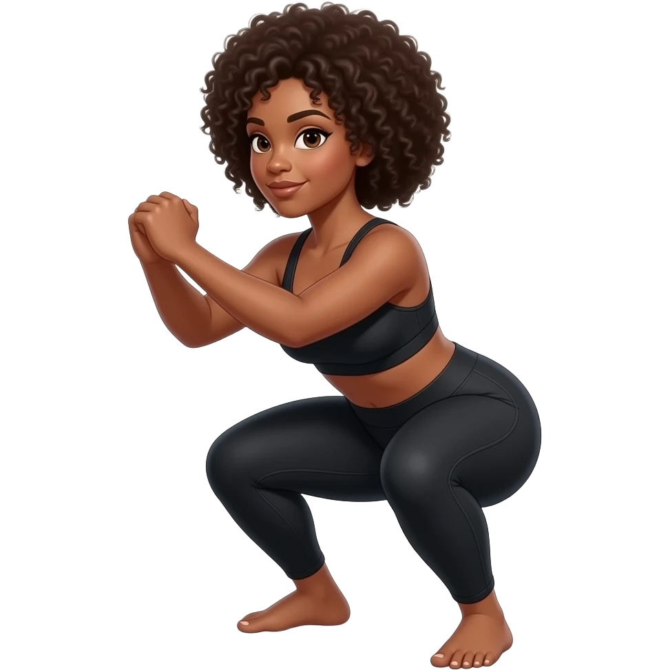 Light-brown Black woman, afro hair, wearing black sports bra and leggings, performing SUMO SQUAS , full body, toned glutes and legs, strong posture, realistic fitness style, clean background, soft lighting. emoji